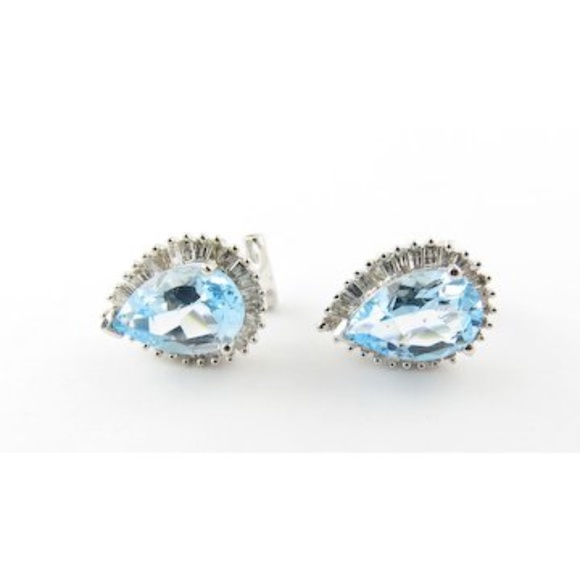 Vintage 14 Karat White Gold Blue Topaz and Diamond Earrings #4228 - Picture 2 of 9